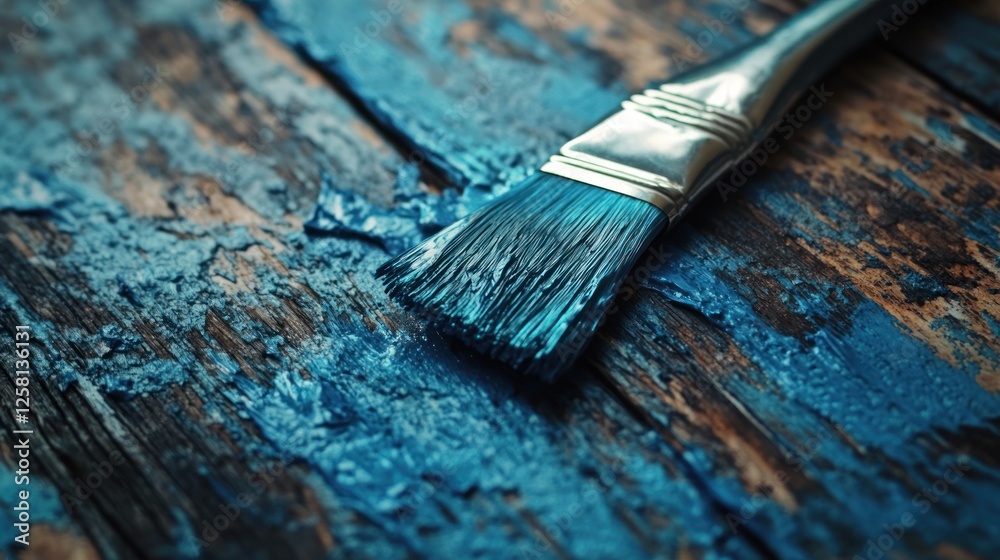 A detailed macro shot of a blue paintbrush dragging across a rugged wooden surface, leaving behind thick uneven grunge textures. High-resolution 4K image