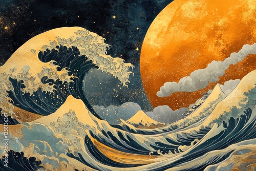 Cosmic waves crash, orange moon, starry night photo