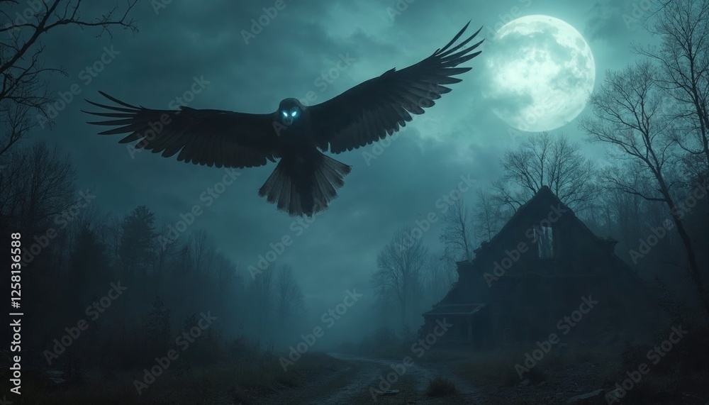 Nocturnal flight of a glowing eyed bird over haunted woods Nocturnal flight of a glowing eyed bird over haunted woods