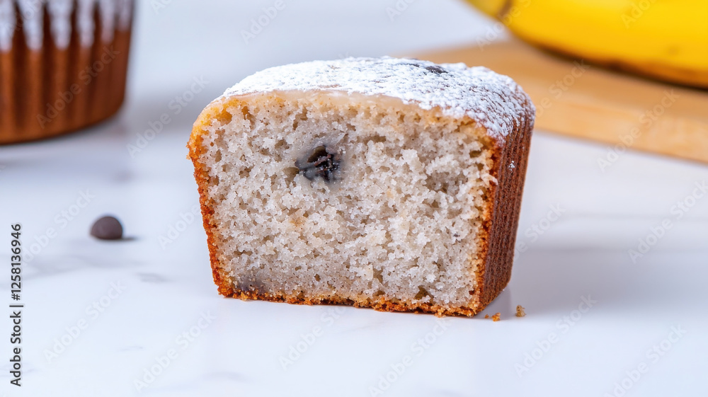 Delicious banana bread loaf with slice cut out, showcasing its soft texture and chocolate chips. Perfect for dessert or breakfast Delicious banana bread loaf with slice cut out, showcasing its soft texture and chocolate chips. Perfect for dessert or breakfast
