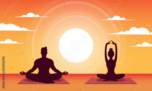 Vector silhouettes of man and woman sitting and doing yoga. Bright white glowing sun with circles, white clouds. Cartoon light nature. Calmness and meditation. June 21 is International Yoga Day