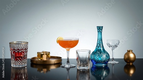 Elegant Cocktail Setup with Crystal Glassware and Decorative Decanter