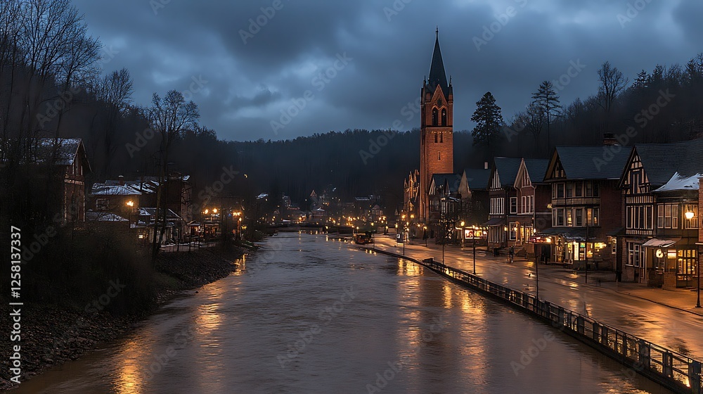 Fototapeta premium Historic Church Reflections Illuminating River in a Quaint Village at Dusk Under Moody Skies