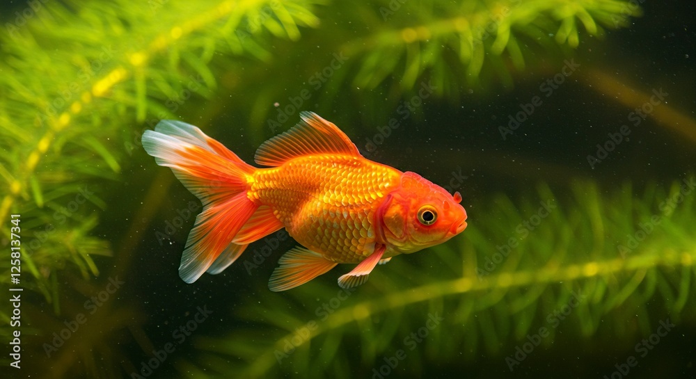 Swimming Goldfish in Aquarium with Green Plants Underwater Pet Lifestyle Swimming Goldfish in Aquarium with Green Plants Underwater Pet Lifestyle