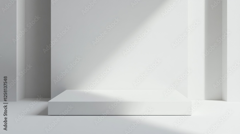 White platform in minimalist room, sunlight. Product display White platform in minimalist room, sunlight. Product display