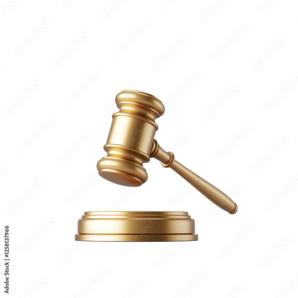 Golden gavel with striking block symbolizes justice and authority in courtroom settings Golden gavel with striking block symbolizes justice and authority in courtroom settings