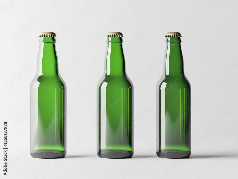 Three green beer bottles on a clean surface, ready to pour. Three green beer bottles on a clean surface, ready to pour.