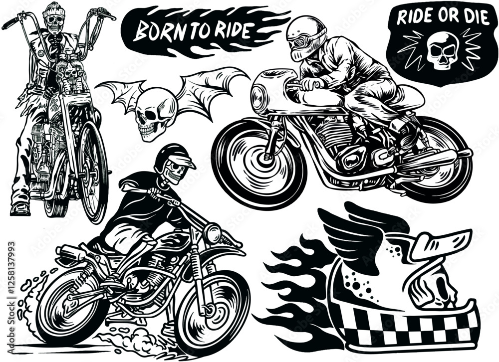 motorcycle vintage illustration set. vintage custom motorcycle illustration vector collection.
