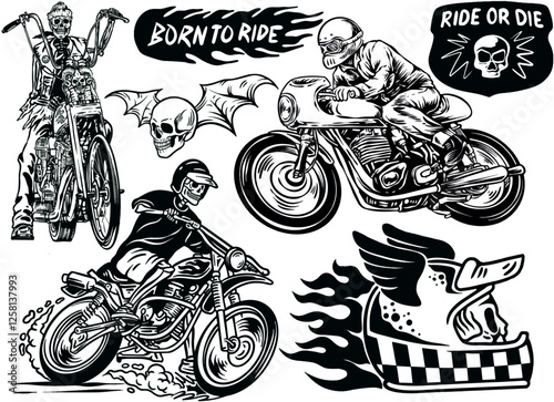 motorcycle vintage illustration set. vintage custom motorcycle illustration vector collection.