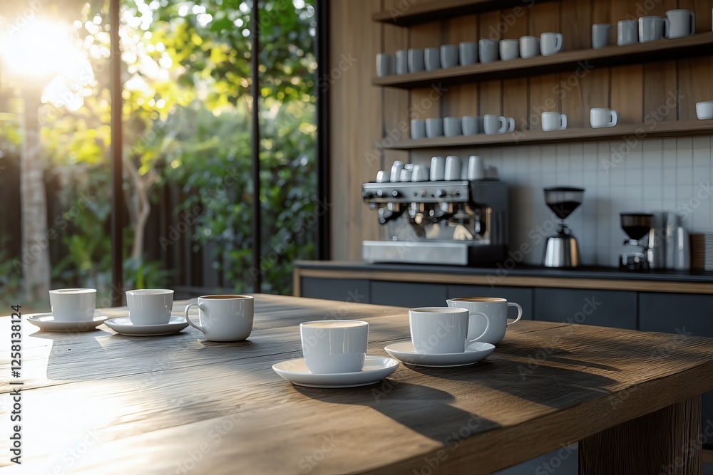 Fototapeta premium Coffee cups on a wooden table in a bright cafe with greenery in the background during golden hour