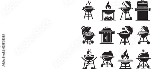 Grill BBQ icon silhouette set. Charcoal grills, Gas grills, and Wood fired grills Vector illustration