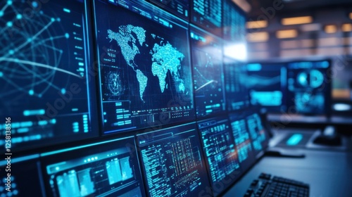 Wallpaper Mural A futuristic military satellite control room, where analysts monitor a global defense network with high-tech digital interfaces and real-time surveillance feeds. Ultra-detailed 4K photography. Torontodigital.ca