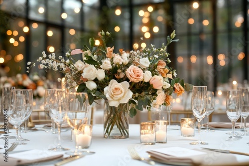 Elegant floral centerpiece on a beautifully set dining table at a wedding reception in a glass-enclosed venue during the evening