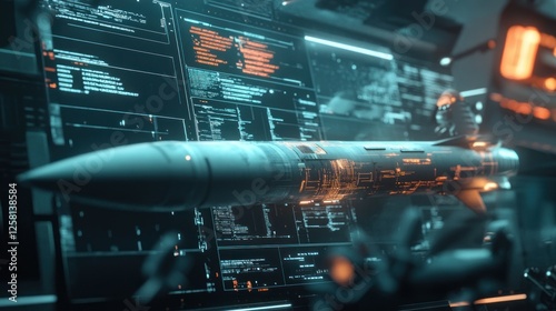 A futuristic missile launch facility, with AI-controlled targeting systems and digital war analytics displayed on massive high-tech screens. Ultra-detailed 4K photography.