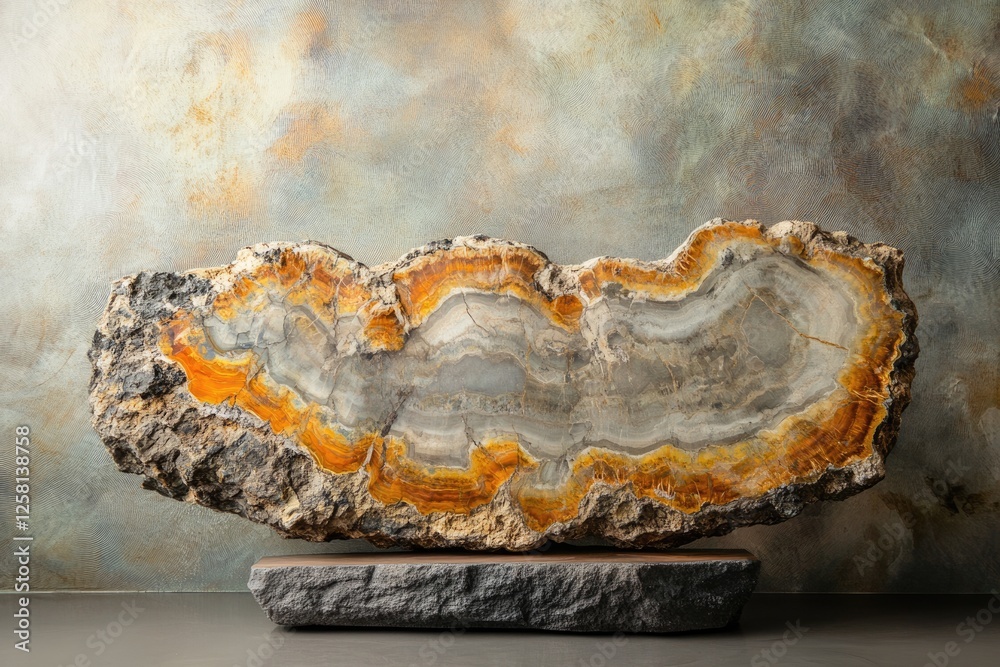 Fototapeta premium A stunning petrified wood slab with vibrant orange and gray hues, displayed on a dark stone base.