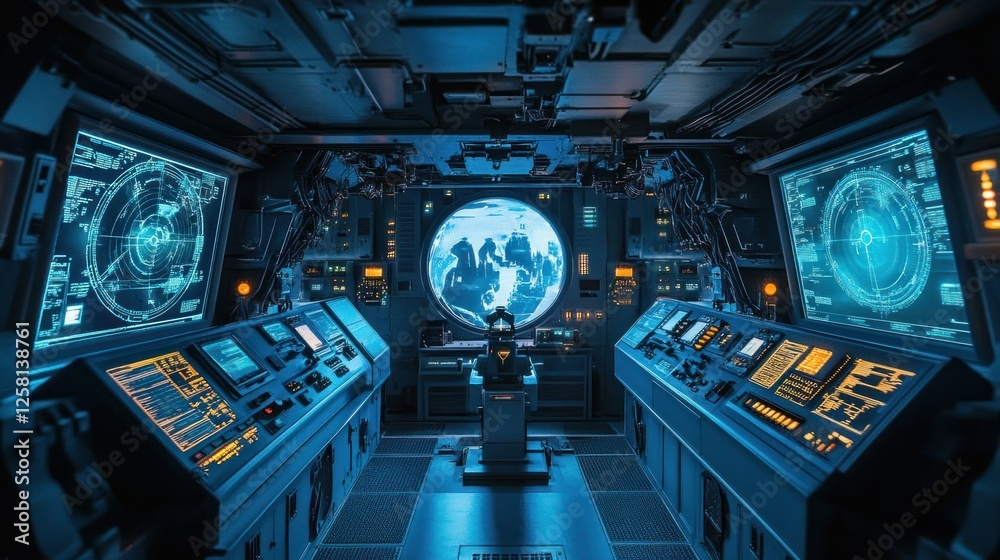 Obraz premium A futuristic naval warship command center, with digital radar interfaces, AI-assisted weapons control, and a high-tech strategic display. High-resolution 4K image.