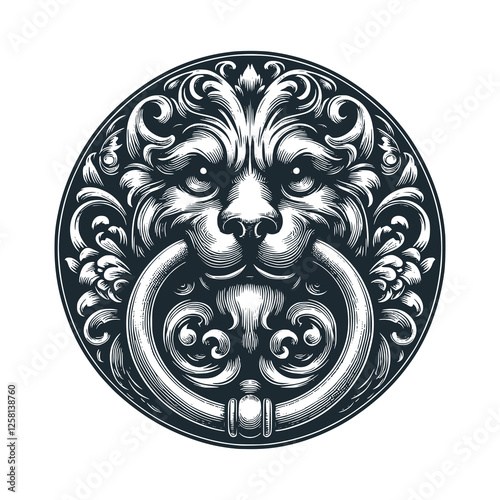 The door knocker has a lion on it. Black white vector illustration.