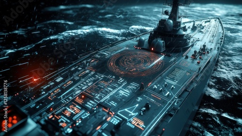 A futuristic naval warship command center, with digital radar interfaces, AI-assisted weapons control, and a high-tech strategic display. High-resolution 4K image.