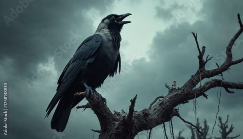 Raven's call under a brooding sky a dark avian omen perched high