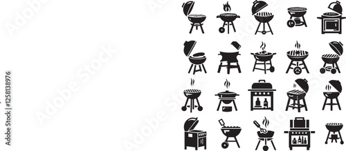 Grill BBQ icon silhouette set. Charcoal grills, Gas grills, and Wood fired grills Vector illustration