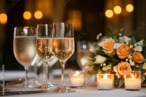 Wallpaper Mural Elegant table setting with sparkling drinks and floral centerpiece for an intimate celebration at dusk Torontodigital.ca