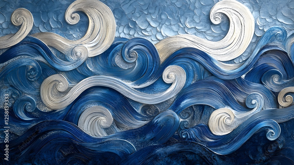 Fototapeta premium Abstract ocean waves, swirling white curls on deep blue background, conveys movement and tranquility, suitable for relaxation themes.