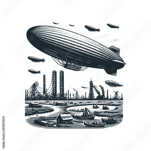 Some blimp planes. Black white vector illustration.