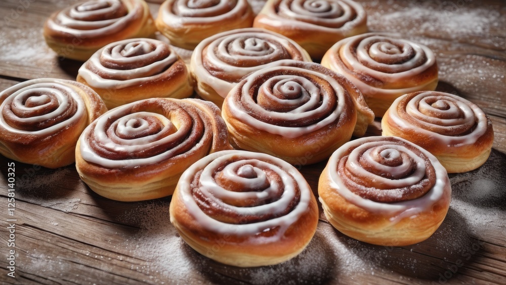 Fototapeta premium Freshly baked cinnamon rolls with a golden crust, swirls of cinnamon filling, and drizzled with icing. Perfect for bakery, dessert, and food photography, evoking warmth and delicious aroma