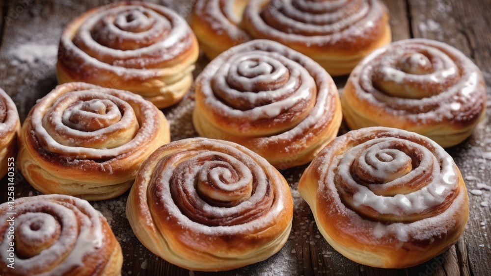 Freshly baked cinnamon rolls with a golden crust, swirls of cinnamon filling, and drizzled with icing. Perfect for bakery, dessert, and food photography, evoking warmth and delicious aroma Freshly baked cinnamon rolls with a golden crust, swirls of cinnamon filling, and drizzled with icing. Perfect for bakery, dessert, and food photography, evoking warmth and delicious aroma