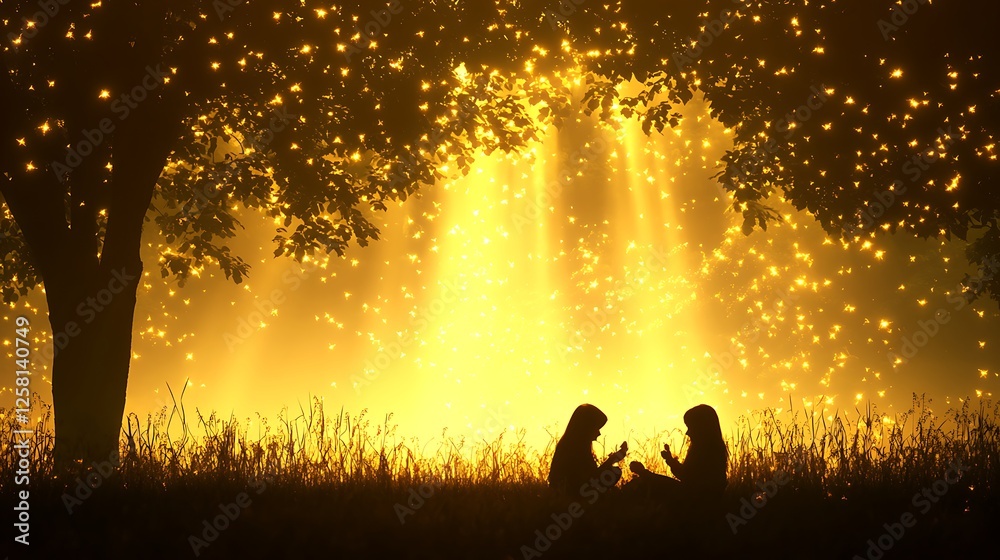 Fototapeta premium Intimate Encounter Under Illuminated Tree Canopy Golden Light Silhouette Scene Fantasy Narrative