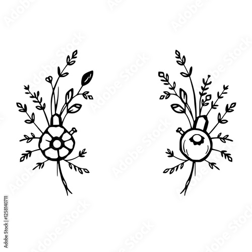 Pair of symmetrical floral arrangements in black ink, with a minimalist and graphic style. photo