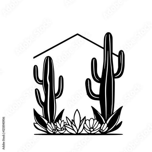 Minimalist black and white illustration of two cactuses under a roofline.