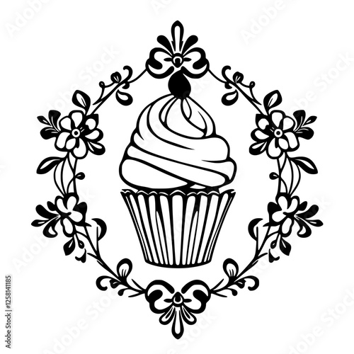 Exquisite cupcake illustration, elegant floral frame, black and white, isolated.