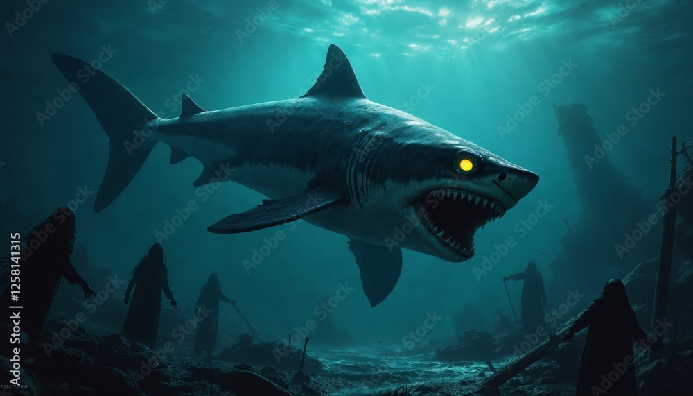 Obraz premium Submerged Encounter A Shark and Mysterious Figures in an Underwater Realm