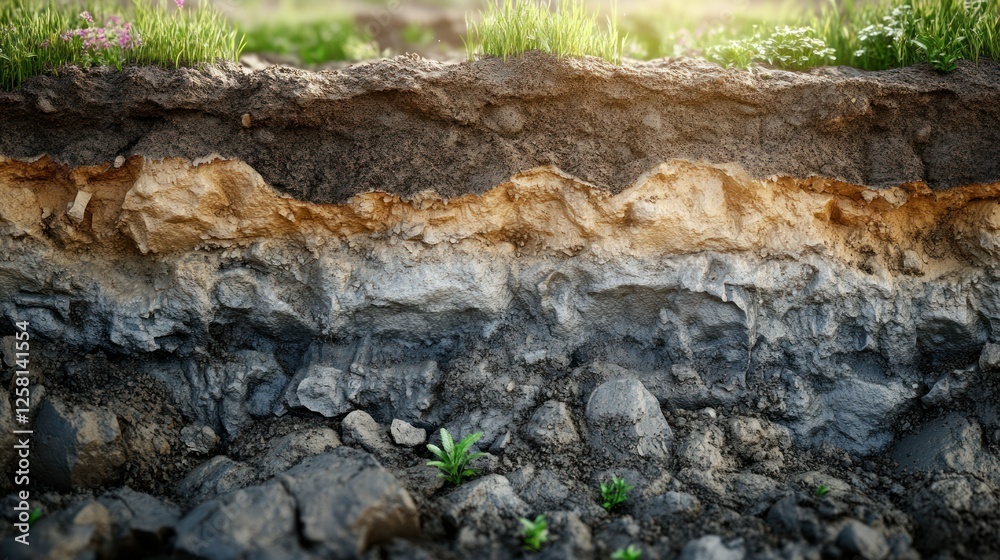 A highly detailed cross-section of soil layers, revealing organic topsoil, subsoil, weathered rock, and deep bedrock with realistic textures and colors. 4K ultra-realistic photography A highly detailed cross-section of soil layers, revealing organic topsoil, subsoil, weathered rock, and deep bedrock with realistic textures and colors. 4K ultra-realistic photography