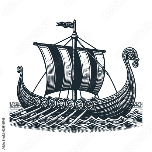 Sailboat. Black white vector illustration.