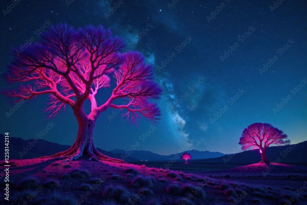 Ancient trees with glowing, holographic bark stand amidst a desolate, starry night sky, tree, holographic, desolate Ancient trees with glowing, holographic bark stand amidst a desolate, starry night sky, tree, holographic, desolate