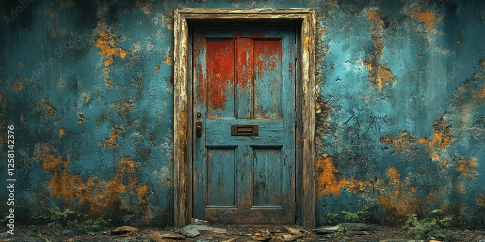 Ancient Teal Doorway to Mystery: A Rustic, Weathered Wooden Door Set Against a Decaying Blue Wall Ancient Teal Doorway to Mystery: A Rustic, Weathered Wooden Door Set Against a Decaying Blue Wall