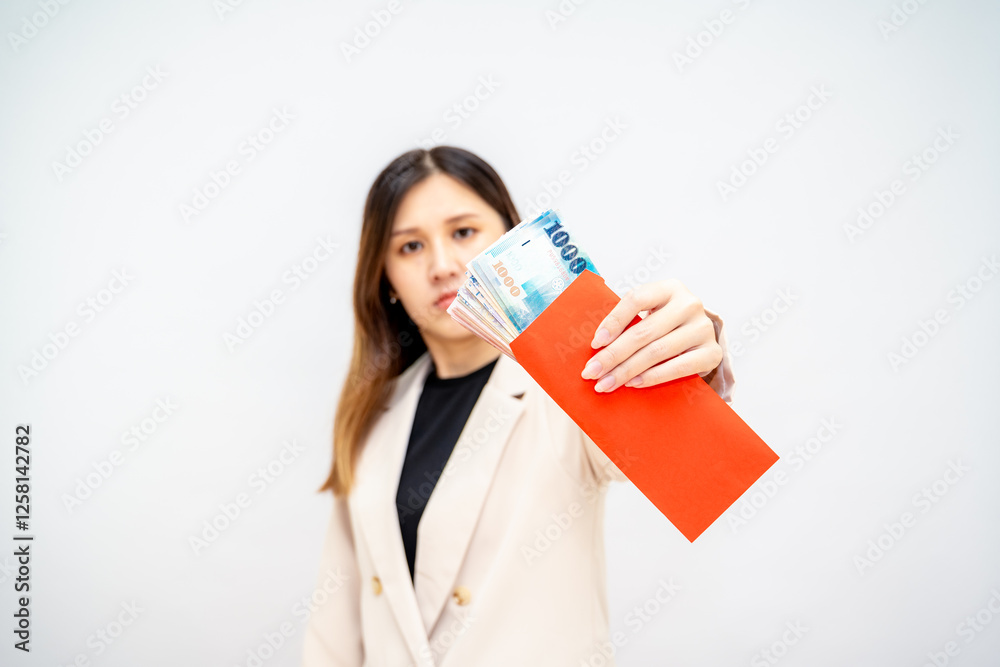 Taiwan girl Holding a Red Envelope with Money,Lunar New Year Red Packet with Cash,Bonus and Salary Concept – Financial Success and Wealth Taiwan girl Holding a Red Envelope with Money,Lunar New Year Red Packet with Cash,Bonus and Salary Concept – Financial Success and Wealth