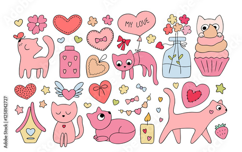 Cute cartoon cats, hand drawn collection for Valentine's Day