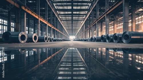 A high-resolution 4K photograph of neatly stacked cold-rolled steel coils in a spacious industrial warehouse, reflecting ambient light.