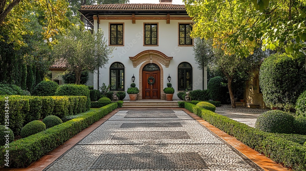 Entrance to the House with Welcoming Architecture: Beautifully Designed Front Door and Surrounding Landscaping Offering an Inviting Atmosphere Entrance to the House with Welcoming Architecture: Beautifully Designed Front Door and Surrounding Landscaping Offering an Inviting Atmosphere