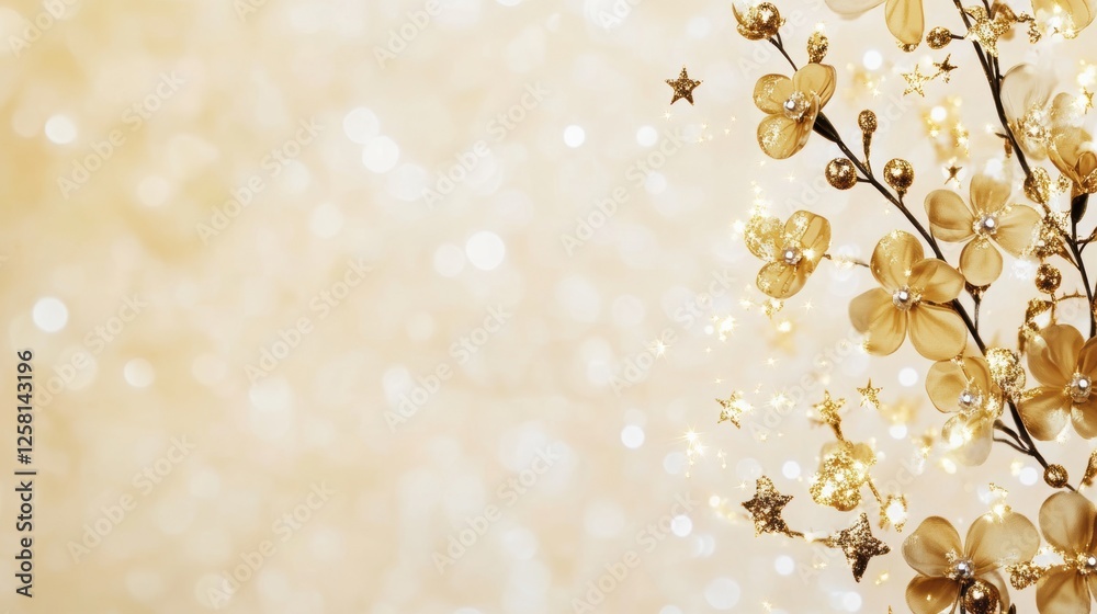 Fototapeta premium eid greeting card template, a chic eid al-fitr greeting card with floral motifs, shimmering stars, and a warm golden color scheme, featuring space for personalized text