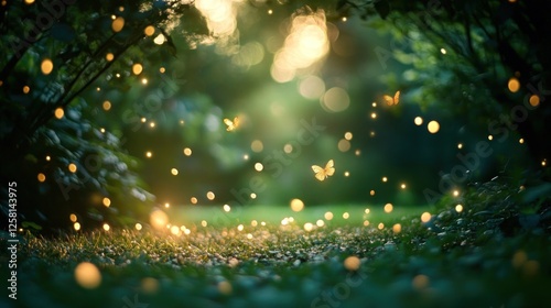 Magical forest, fireflies, butterflies, glowing grass, fantasy background, nature