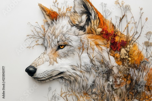 Beautiful wolf head artwork blending with vibrant flowers and plants in a creative display of nature and art photo