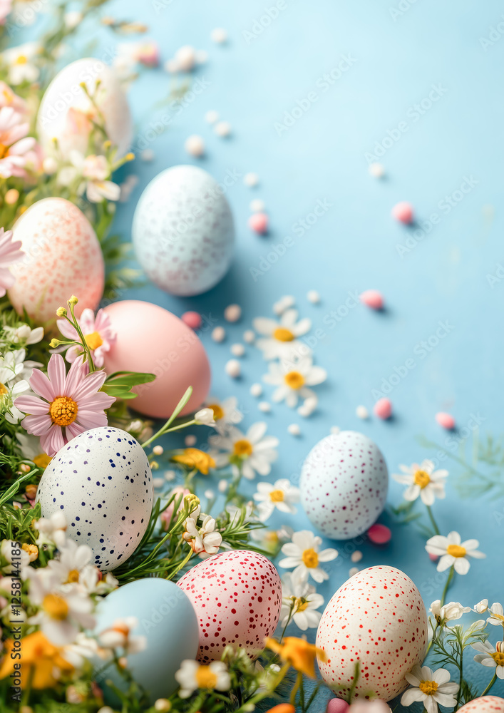 Overhead view to the colourful eggs surrounded by blooming daisies lying on the blue table. Easter concept. Overhead view to the colourful eggs surrounded by blooming daisies lying on the blue table. Easter concept.