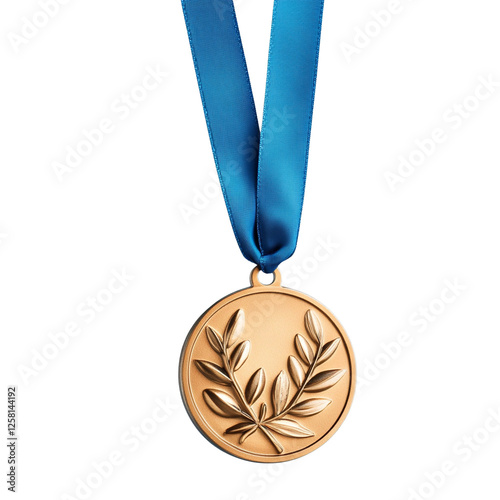 Bronze medal with blue ribbon, isolated on white background. photo