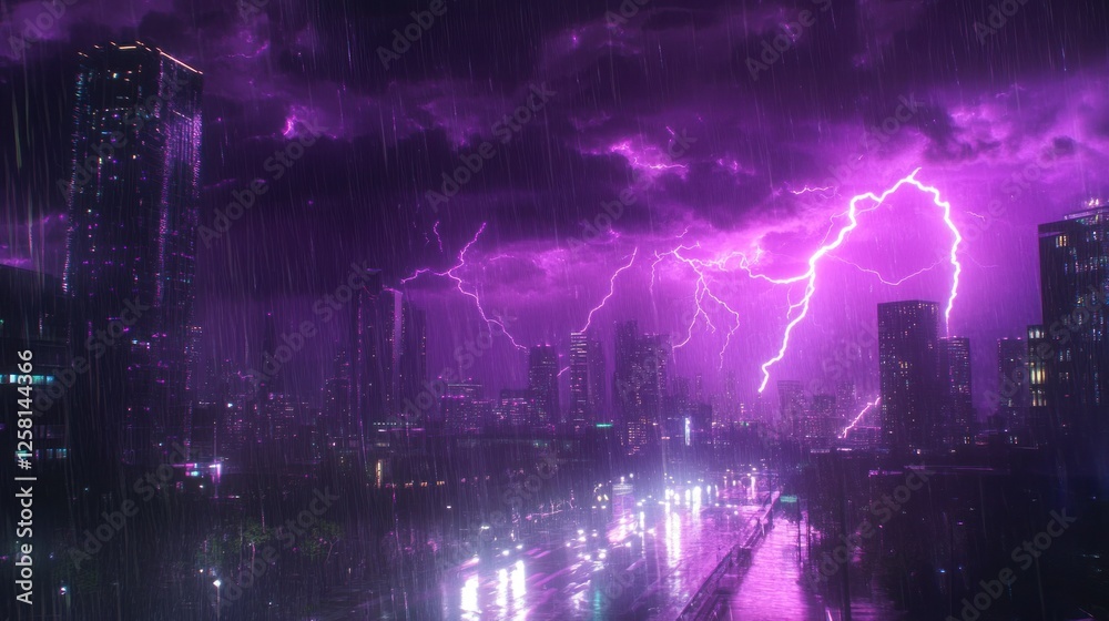 A hyper-realistic 4K storm photo of heavy rain pouring over a city while purple lightning illuminates the sky with an electric glow. A hyper-realistic 4K storm photo of heavy rain pouring over a city while purple lightning illuminates the sky with an electric glow.