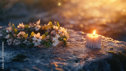 A candle and a delicate floral wreath rest on a weathered stone altar, bathed in golden twilight, evoking a sense of mystery, ritual, and ancient spirituality