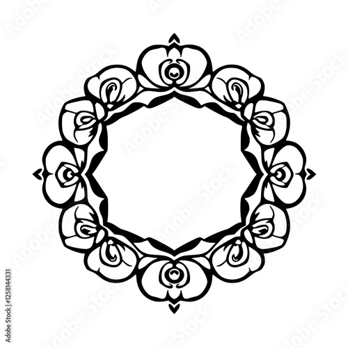 Black-and-white floral wreath frame with rose-like elements in a circular pattern.